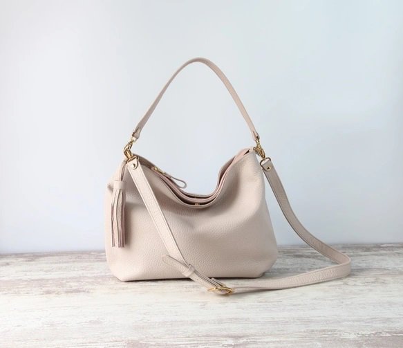 2WAYふんわりソフト.bag・中央ファスナー＋両脇ポケット付き ペールピンク・ショルダー紐付き・受注製作 日本製 ワンハンド 2WAY ショルダー紐付き
