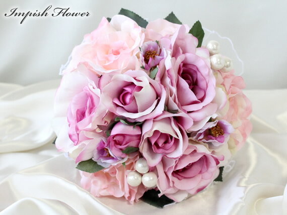 ブライダル 直径21cm ブーケ 【人気】 ブライダルブーケ バラ BOU-12 ラウンドブーケ アートフラワー シルクフラワー 高級造花 造花 トスブーケ