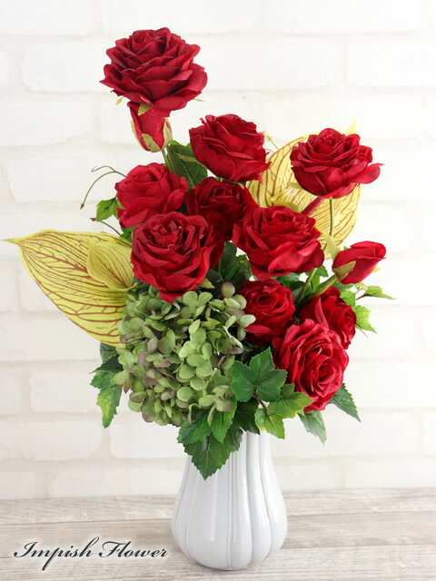 造花 フラワーアレンジメント 卓上 インテリア 高級造花 アレンジメント 赤 バラ