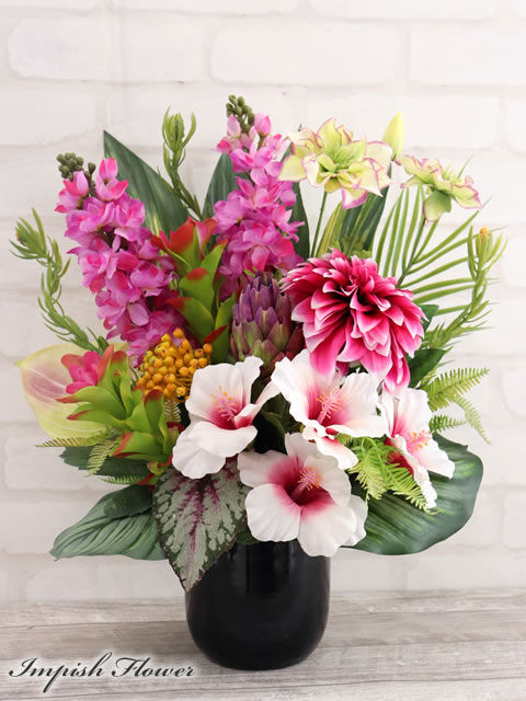 造花 ハイビスカス フラワーアレンジメント 卓上 インテリア 高級造花 アレンジメント