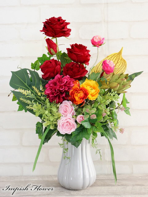 Rakuten - 造花 フラワーアレンジメント 卓上 インテリア 高級造花 アレンジメント 赤 バラ