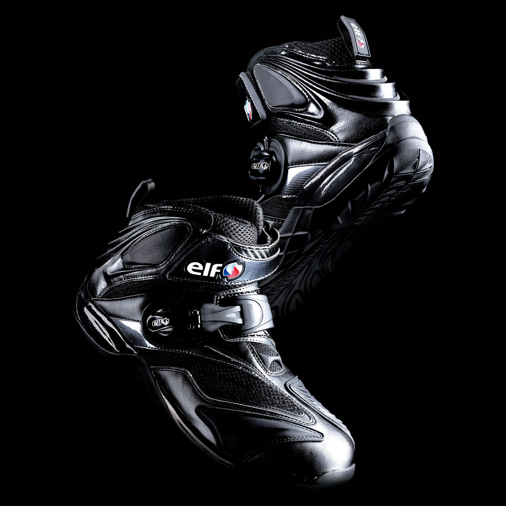 elf エルフ EL015 ライディングシューズ ブラック メッシュ素材 通気性 リフレクター 反射板 ラバーソール グリップ力 耐油性 耐摩耗性 インソール 抗菌防臭 アナトミカル形状 衝撃吸収材 衝撃反発材 シンテーゼ synthese 15