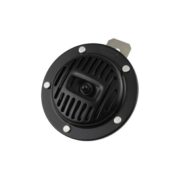クラシカルなフォルムで人気の12V ユニバーサルホーンにブラックが新たに追加。 シックな仕上がりにコーディネートできるブラックはカチオン塗装仕上げ。 車両のカスタムカラーに合わせてメッキorブラックからお選びください。 ◆ブラックカチオン塗装 ◆外径：90mm ◆12V 2.5A ◆Low Tone 350Hz ◆音量：108dB