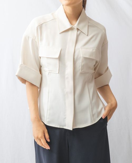 ★7/25限定！20%OFFクーポン配布中★【期間限定70％OFF】《マットサテンミリタリー風 半袖 シャツ 》レディース ファッション トップス ナラ カミーチェ ナラカミ NARACAMICIE アウトレット 送料無料のサムネイル