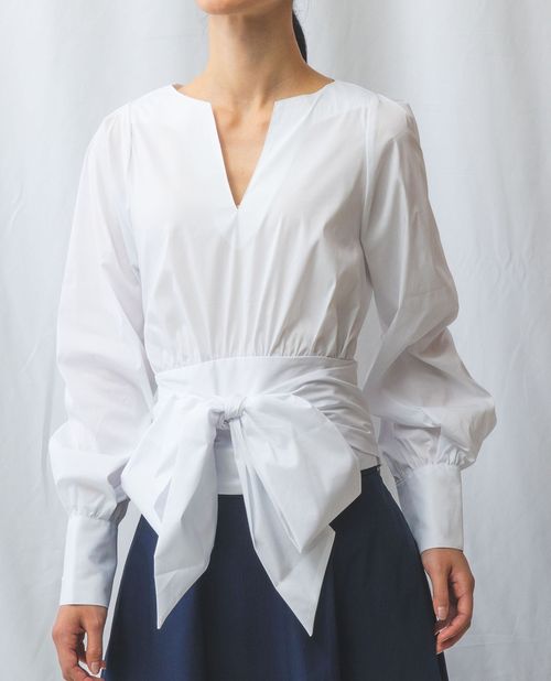 【50％OFF】《 無地 ウエスト リボン ブラウス 》 レディース トップス 長袖 ボリューム袖 