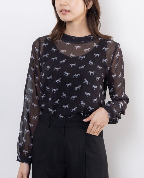 ★開始6時間限定！20％OFFクーポン配布中★【50%OFF】《 ホースプリント 配色パイピング 長袖 ブラウス ..