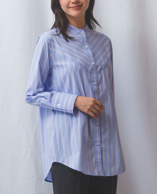 樂天商城 - 【50%OFF】《ランダム ストライプ テントライン 長袖 ブラウス 》レディーストップス シャツ バンドカラー ロング丈 テントライン Iライン ナラ NARACAMICIE ナラカミ アウトレット 送料無料