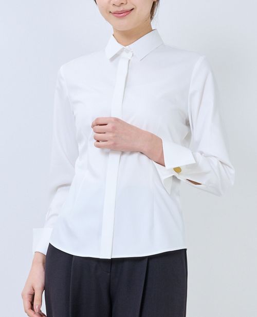 Long-Sleeved - 《 無地ブロード 長袖 シャツ 》レディーストップス ブラウス ストレッチ きれいめ ホワイトシャツ 無地 【 ナラカミーチェ 公式】 ナラ カミーチェ 送料無料