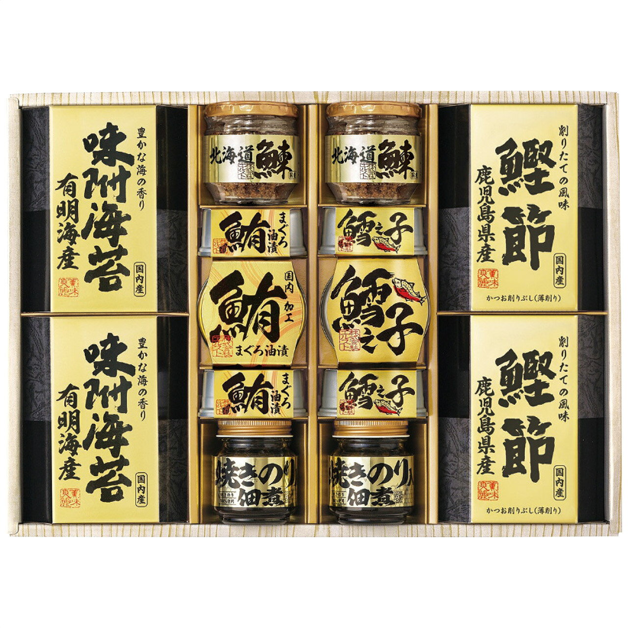 製品仕様 箱サイズ 45×32×8cm・100サイズ・2240g 商品内容 ■商品内容：北海道産鰊フレーク50g・焼きのり佃煮85g各2瓶・鰹削り節(2g×3袋)・有明海産味付け海苔(8切10枚)各2箱・まぐろ油漬け70g・鱈之子味付け70g各3缶【日本製】 ■賞味期間：製造日より常温約540日 ■アレルゲン：【小麦・えび・大豆】 商品説明 御歳暮・内祝い・仏事法要引き出物にも最適です。 北海道産の鰊フレーク、小豆島で製造された焼き海苔入りの佃煮、鹿児島県産鰹節など選りすぐりの逸品を詰合せた和風ギフトです。 「ご用途例」 結婚内祝い・出産内祝い・結婚祝・出産祝・初節句・快気祝・快気内祝い・お見舞い・お見舞返し・新築内祝い・新築祝い・お中元（御中元）・お歳暮（御歳暮）・お年賀（御年賀）・お年始・プレゼント・贈り物・贈答品・お土産・手土産・合格祝い・入学祝い・引越祝い・開店祝い・ 開業祝い・お返し・お祝い返し・結婚式・引き出物・敬老の日・父の日・母の日・七五三・還暦祝い・還暦内祝い六七祝い・退職祝い・お礼（御礼）・ご挨拶 （御挨拶）・粗品・ノベルティ・ 景品・コンペ・記念日・結婚記念日・成人式・お誕生日（御誕生日）・バースデー・感謝・お盆（御盆）・お彼岸（御彼岸）・香典返し・満中陰・四十九日法要・御仏前・仏事・法事・法要引き出物・御供養・粗供養・御供・志　