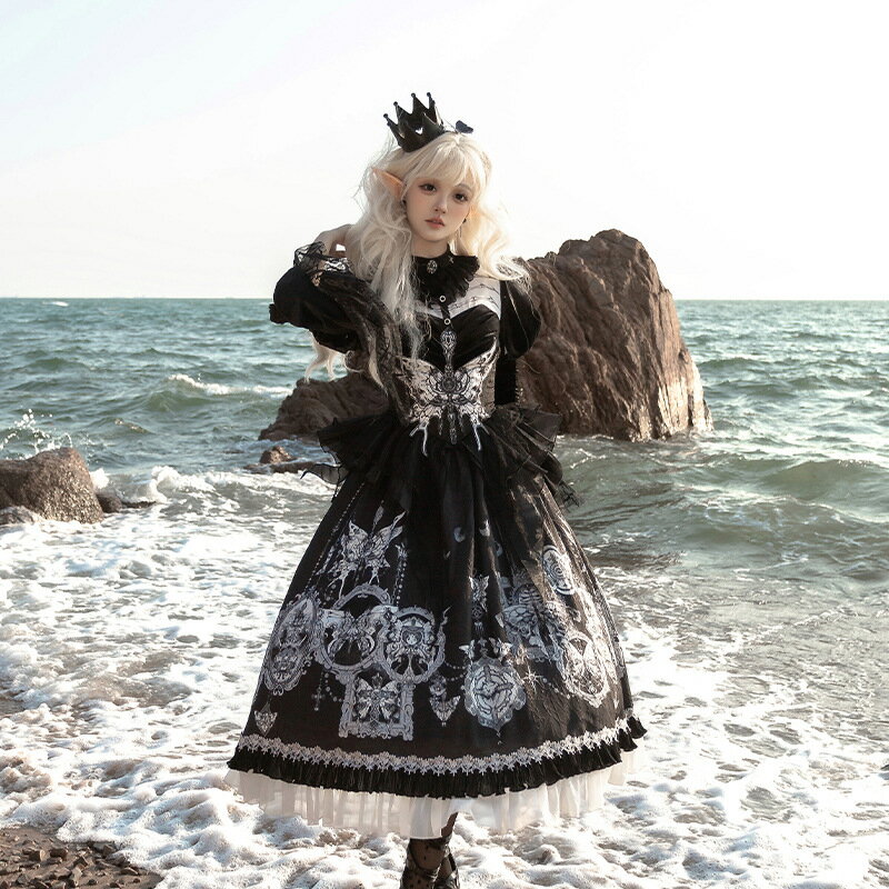 【ゴシック/クラ系ロリータ】長袖OP エレガント ダーク ワンピース アンティーク ゴシック ドレス 襟元レース フォーマル パーティー 結婚式 二次会