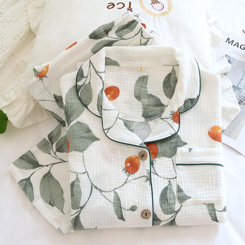 ダブルガーゼ ルームウェア 上下セット 長袖 長ズボン レディース パジャマ セットアップ アプリコット柄 綿100％ M L XL ギフト プレゼント 優しい着心地