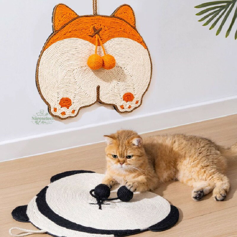 シザル麻壁面爪とぎ コーギー&パンダ型ソファ保護パッド 耐摩耗ほこりなし 猫用壁貼りスクラッチャー ペット家具保護