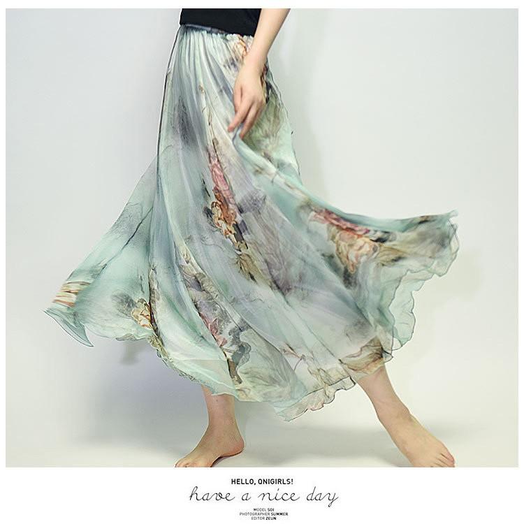 ロングスカート マキシスカート フレアスカート レディース ロング丈 ゴムウエスト ボトムス 海 花柄 春 ビーチボヘミアン 体型カバー
