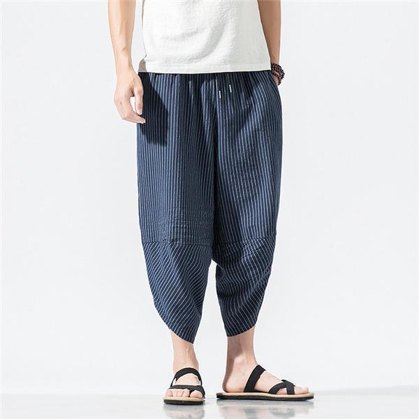 【スーパーSALE限定】サルエルパンツ メンズ ストライプ 七分丈 大きいサイズ 夏 ハロンパンツ ガウチョパンツ チノパンツ 薄手 カジュアル ゆったり 細身...