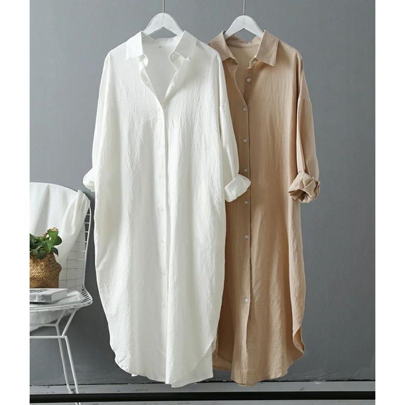 夏新作ロングシャツ　前開き　レディース　綿麻　コットンリネン　シャツワンピース　シャツワンピ　トップス　チュニック　チュニックワンピ　長袖　ナチュラル
