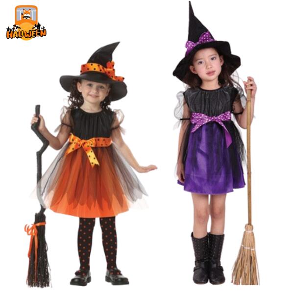 \ハロウィン//コスプレ 魔女 子供 女の子 衣装 仮装 可愛い 帽子 タイツ付き ドレス ワンピース キッズ..