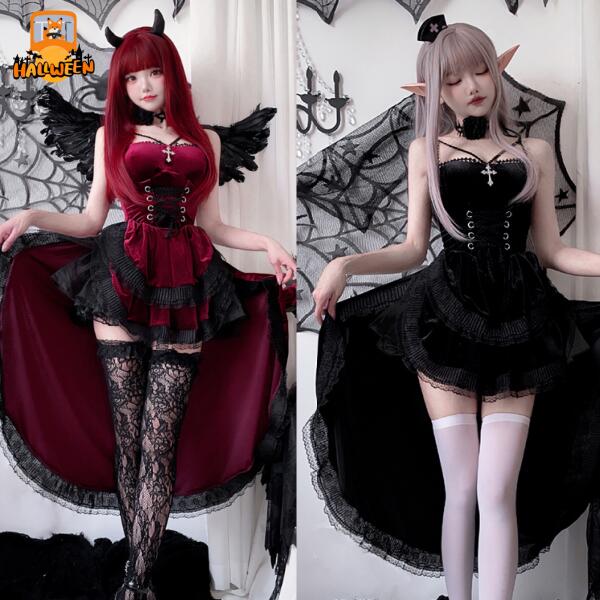 \ハロウィン//コスプレ 魔女 仮装 悪魔 デビル ワンピース ドレス レディース 大人 女性 黒 ワインレッド 6点セット
