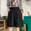 ハーフパンツ レディース 女性用 ボトムス 半ズボン 短パン 5分丈 ワイド スーツパンツ 無地 おしゃれ クール ボタン ファスナー ゆったり 体型
