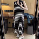 ノースリーブワンピース 夏 レディース 接触冷感 ロングワンピース ボーダー柄 綿 ナチュラル ワンピース ロング丈 袖なし ゆったり ストレッチ 体