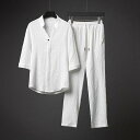 セットアップ メンズ 夏 上下セット 接触冷感 Tシャツ 綿麻風 ロングパンツ パンツ ロング丈 カジュアル ひんやり 父の日