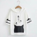 プルオーバー パーカー 大きいサイズ 春 夏 薄手 フード付き 猫耳付き 半袖 レディース メンズ 可愛い トップス 白 ねこ 猫柄 プルオーバー 夏