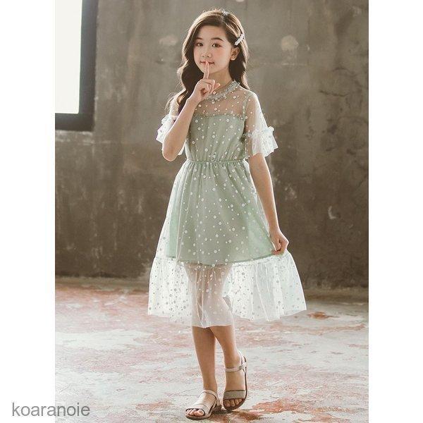 ワンピース子供服女の子キッズ膝丈夏水玉柄半袖子供ドレスワンピース韓国子ども服おしゃれ女児ジュニア..