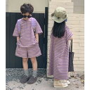 ワンピース 半袖 キッズ お揃い リンク リンクコーデ 兄弟/姉妹コーデ 男の子 半袖+半ズボン 2点セット 韓国子供服 フレンチスリーブ 幼稚園 小学校 通園 縞柄