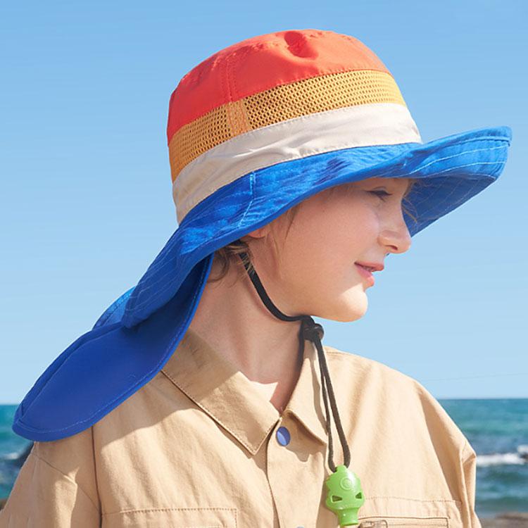 子供用 帽子 キッズ ハット UPF50 日焼け防止 たれ付き 紫外線防止 メッシュ 首ひも 海水浴 プール 笛付 あご紐 女の子 男の子 UVカッ