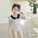 水着 スイムウェア 帽子 2点セット キッズ 子供 女の子 女子 女児 長袖 半袖 ワンピース水着 オールインワン ドット 襟 フリル プール 水泳