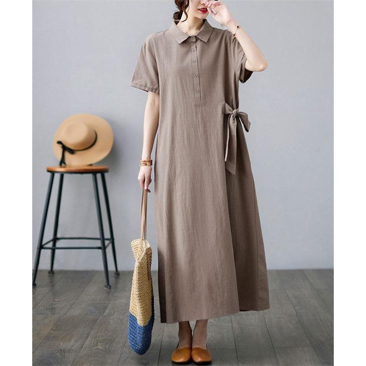 ワンピース レディース 森ガール 綿麻 リネン Aライン 半袖ワンピース マキシ丈 ゆったり 体型カバー 夏服 薄手 通気 吸汗速乾 体型カバー