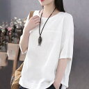 Tシャツ レディース 半袖 トップス カットソー カジュアル 綿麻 快適 無地 薄手 涼しい ルームウェア ゆったり 春 夏 セール 送料無料
