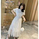 ワンピース 半袖 レディース ミモレ丈 ロング丈 フレア ティアード チュール ドッキング 切り替え カットソー Tシャツ スパンコール 刺繍 無地