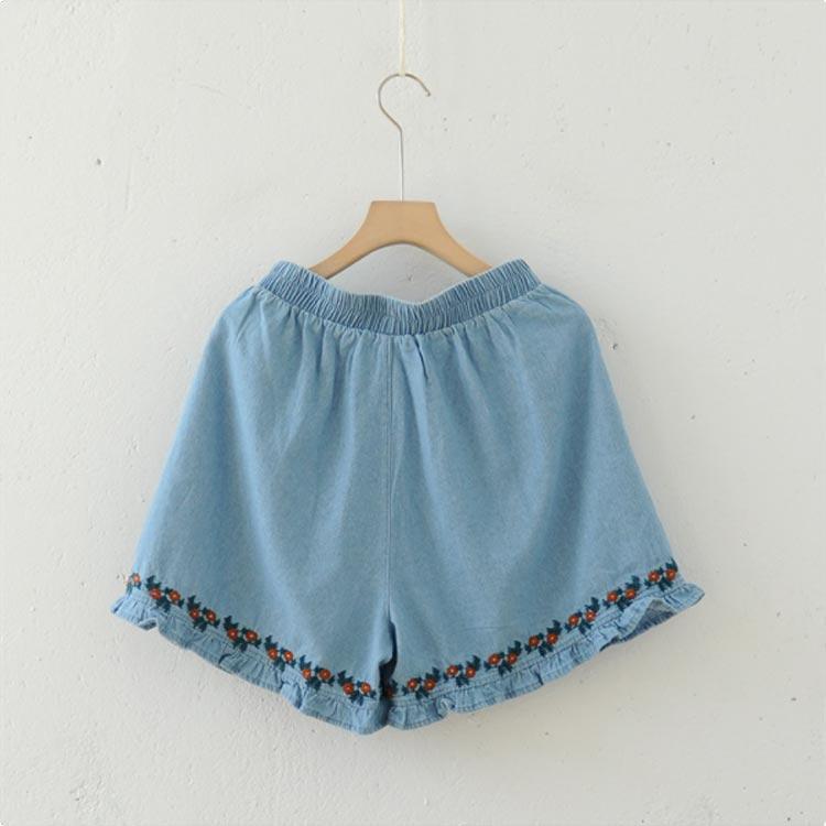 【スーパーSALE限定】ショートパンツ 着やせ レディース デニムパンツ 民族風 刺繍 ハイウエスト 民族風 かわいい 涼しい ハーフパンツ フリル コットン ゆ