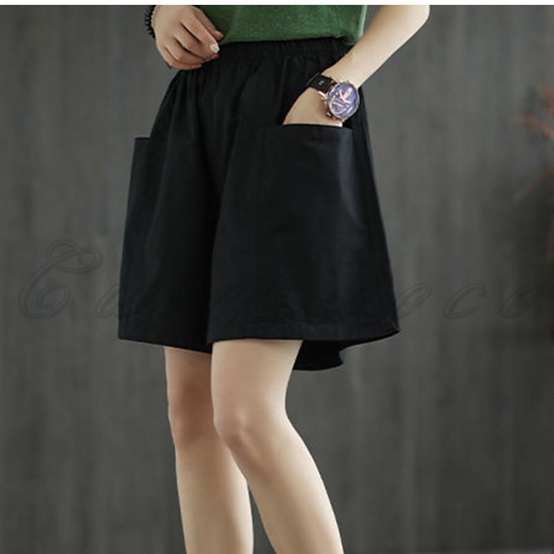 ショートパンツガウチョパンツレディース膝上無地カジュアルボトムスポケット付きウエストゴム女性用ゆったりおしゃれ