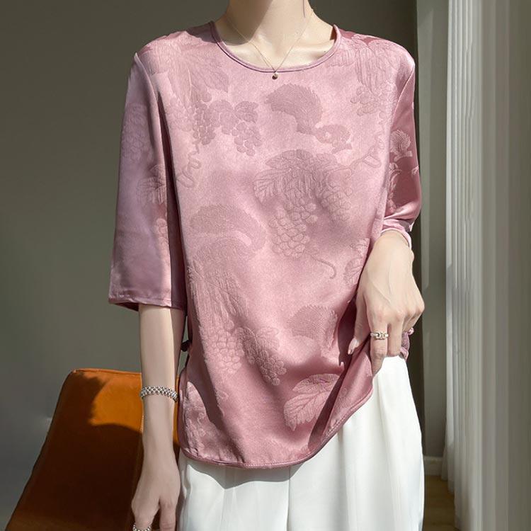 【スーパーSALE限定】シルク シャツ ブラウス 半袖 レディース 夏 tシャツ サテン プルオーバー クルーネック 丸首 刺〓 チャイナボタン シャツブラウス トップス 体