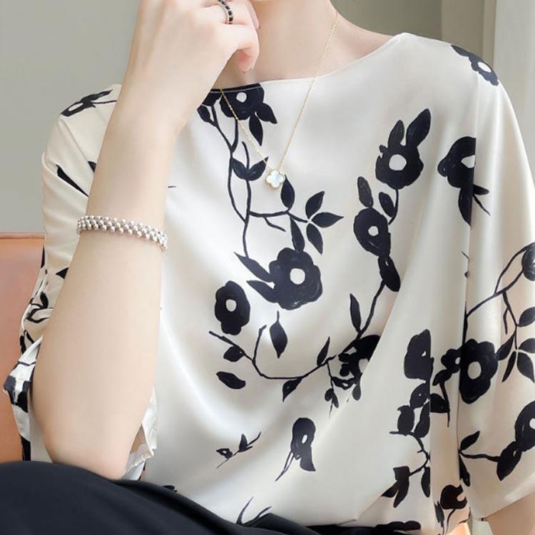 【スーパーSALE限定】シルク シャツ ブラウス 半袖 レディース 夏 tシャツ サテン プルオーバー クルーネック 丸首 シャツブラウス トップス 体型カバー インナー 大