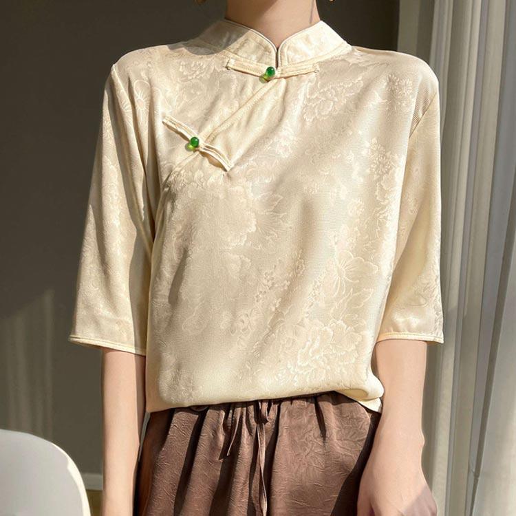 【スーパーSALE限定】シルク シャツ ブラウス 半袖 レディース 夏 tシャツ サテン プルオーバー 丸首 刺〓 チャイナボタン スタンドカラー 立ち襟 シャツブラウス ト