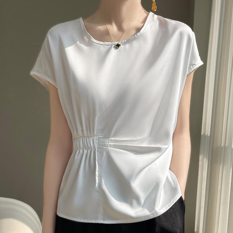 シルク シャツ ブラウス 半袖 レディース 夏 tシャツ サテン プルオーバー クルーネック シャツブラウス フレンチスリーブ トップス 体型カバー