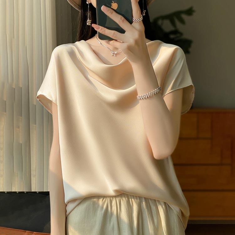 シルク シャツ ブラウス 半袖 レディース 夏 tシャツ サテン プルオーバー Uネック シャツブラウス フレンチスリーブ トップス 体型カバー イン