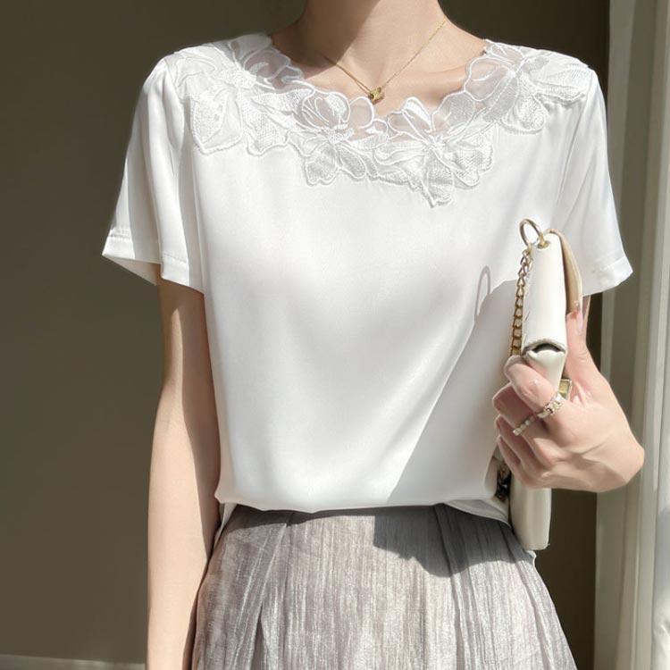 【スーパーSALE限定】シルク シャツ ブラウス 半袖 レディース 夏 tシャツ サテン レース 刺〓 プルオーバー Uネック シャツブラウス トップス 体型カバー インナー
