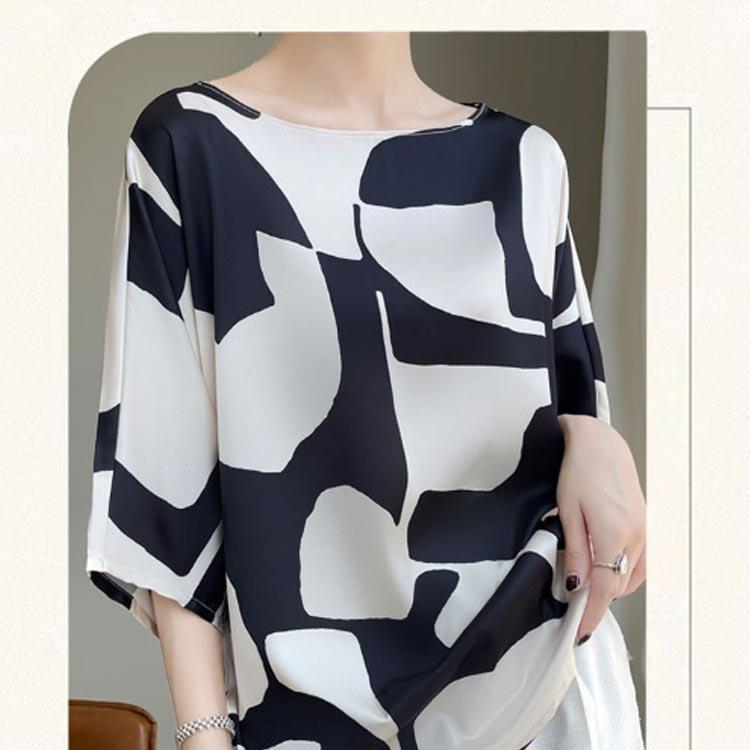 【スーパーSALE限定】シルク シャツ ブラウス 半袖 レディース 夏 tシャツ サテン プルオーバー クルーネック 丸首 ラグランスリーブ シャツブラウス トップス 体型カ