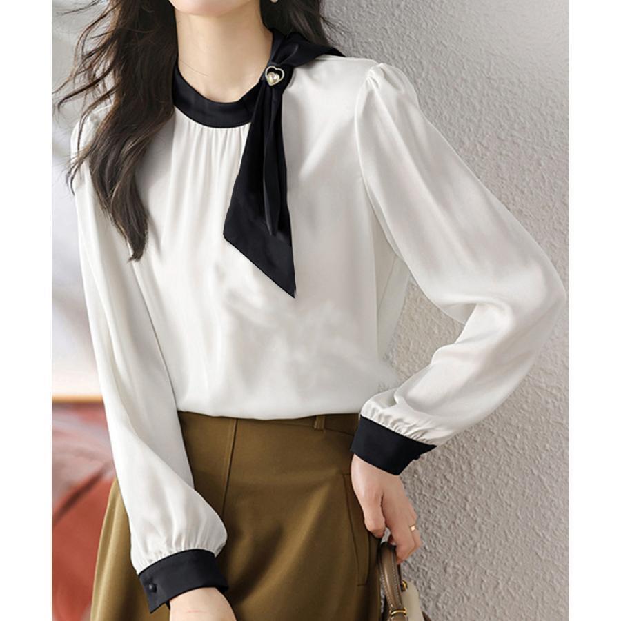 【スーパーSALE限定】夏 ボウタイサテンブラウス バイカラーシャツ