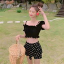 水着 ビキニ レディース 2点セット フレアビキニ ショートパンツ 半袖 バックシャン オフショルダー Vネック フレアスリーブ ドッド柄 お洒落 可愛い20代 3