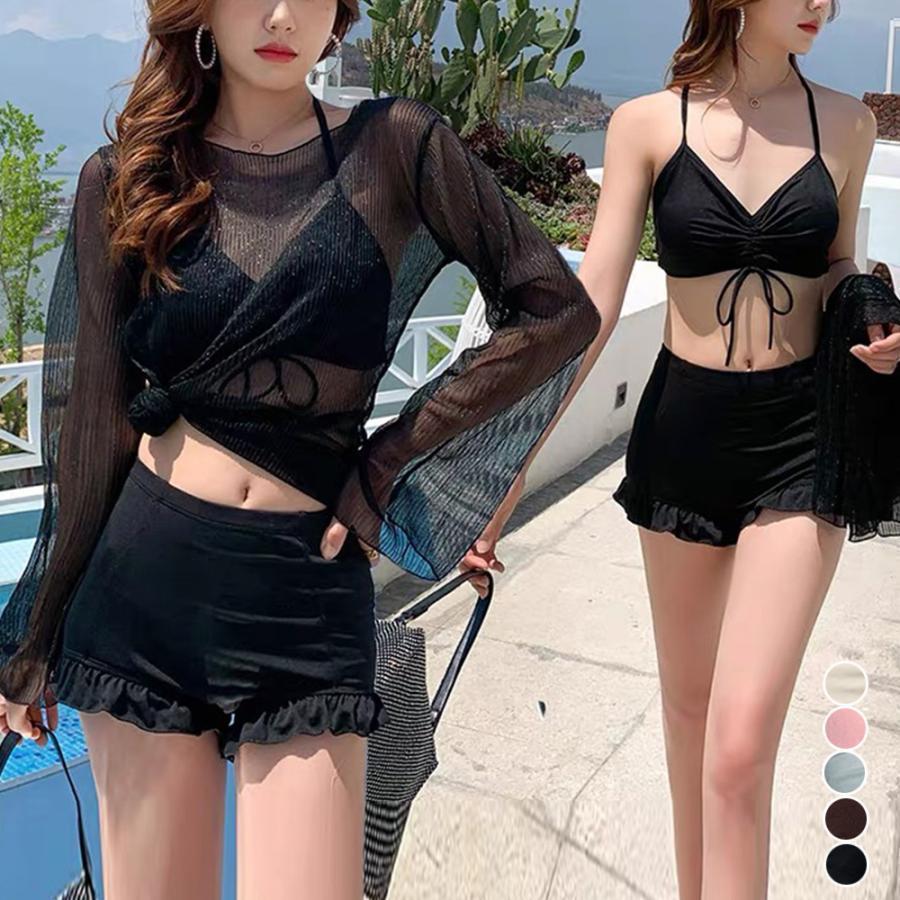 【スーパーSALE限定】水着 夏セット ラメシースルーラッシュガード 体型カバー ビキニ セパレート ワンピース水着 韓国風水着 ハイウエスト シンプルデザイン