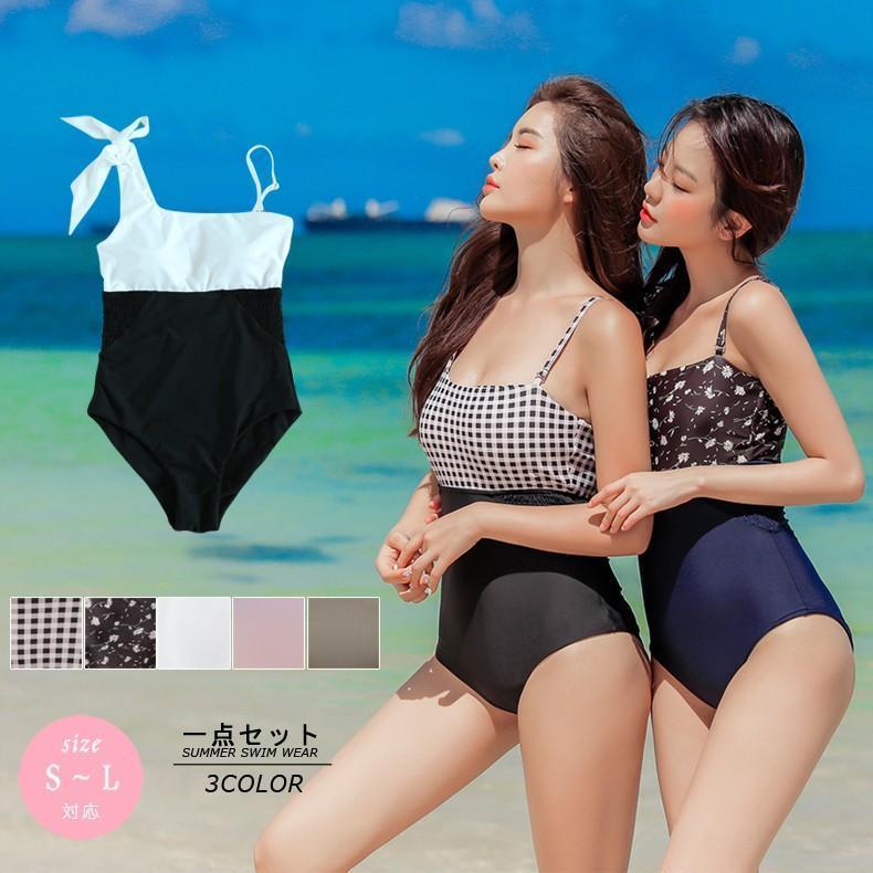 【スーパーSALE限定】水着 ワンピース レディース ワンショルダー チェック 花柄 シャーリング プール リゾート トラベル 旅行 かわいい スイムウエア