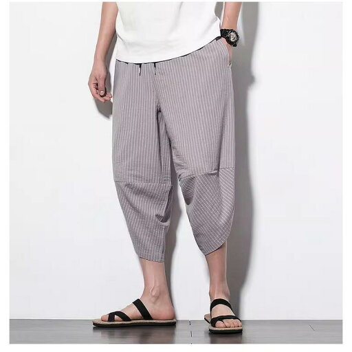 【スーパーSALE限定】メンズ サルエルパンツ 大きいサイズ 七分丈 アラジン ワイド ハーフ ゆったり 縦縞 縦ストライプ ユニセックス 綿麻 エスニック 袴パンツ ポケット 父の日