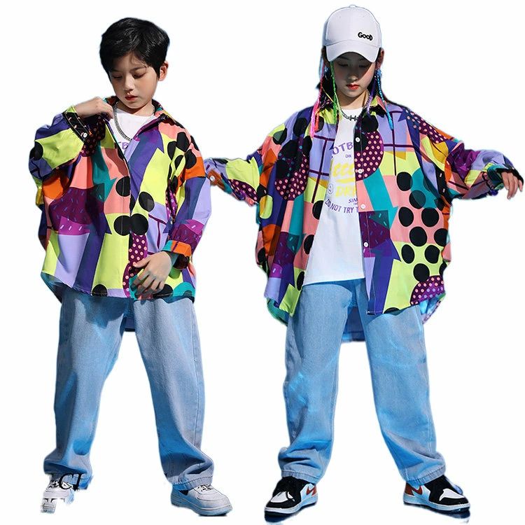 柄シャツ 長袖 キッズ ダンス衣装 ヒップホップ デニムパンツ カッコイイ セットアップ KPOP 派手 シャツ 子供服 ダンス衣装 hiphop 女