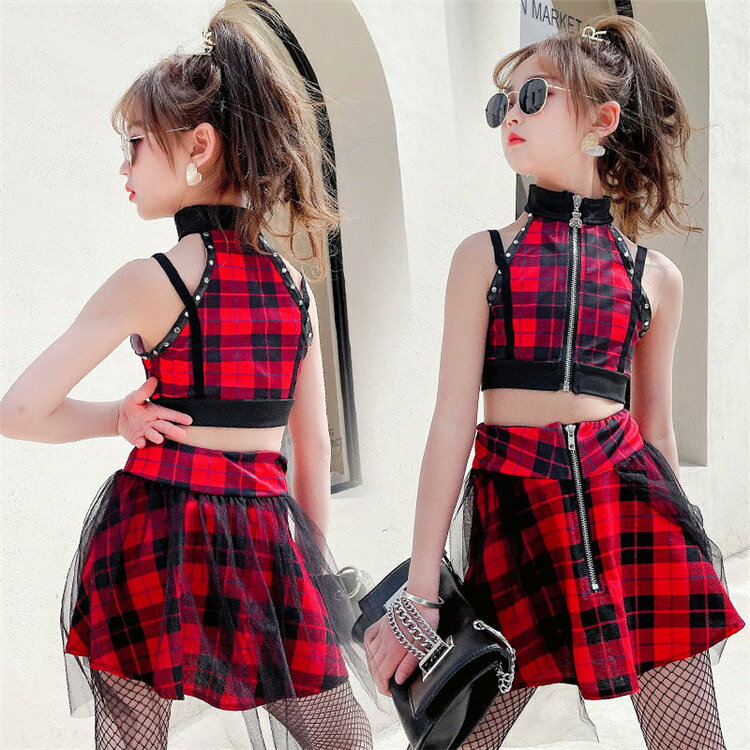 即納 チェック柄 セットアップ ジャズ ダンス衣装 キッズ 女の子 ヒップホップ セ...