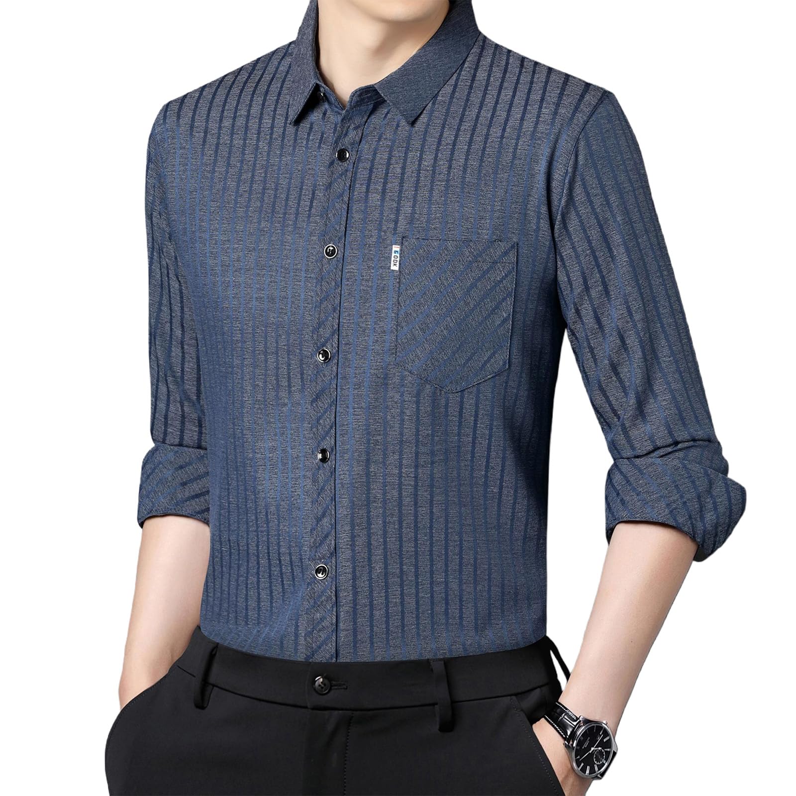 ワイシャツ 長袖 メンズ ノーアイロン 形態安定 ビジネス ポケット付き ストライプ スムース リンクル..