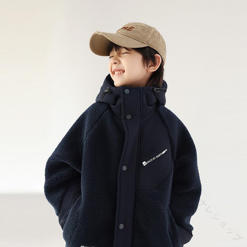 キッズ ジャケット 男の子 ボーイズ ジュニア 小中学生 フード付き もこもこ ボア フリース シープボア 厚手 裏起毛 中綿 アウター コート ジャンパー 冬物 防寒 保温 暖かい カジュアル ネイビー 紺色